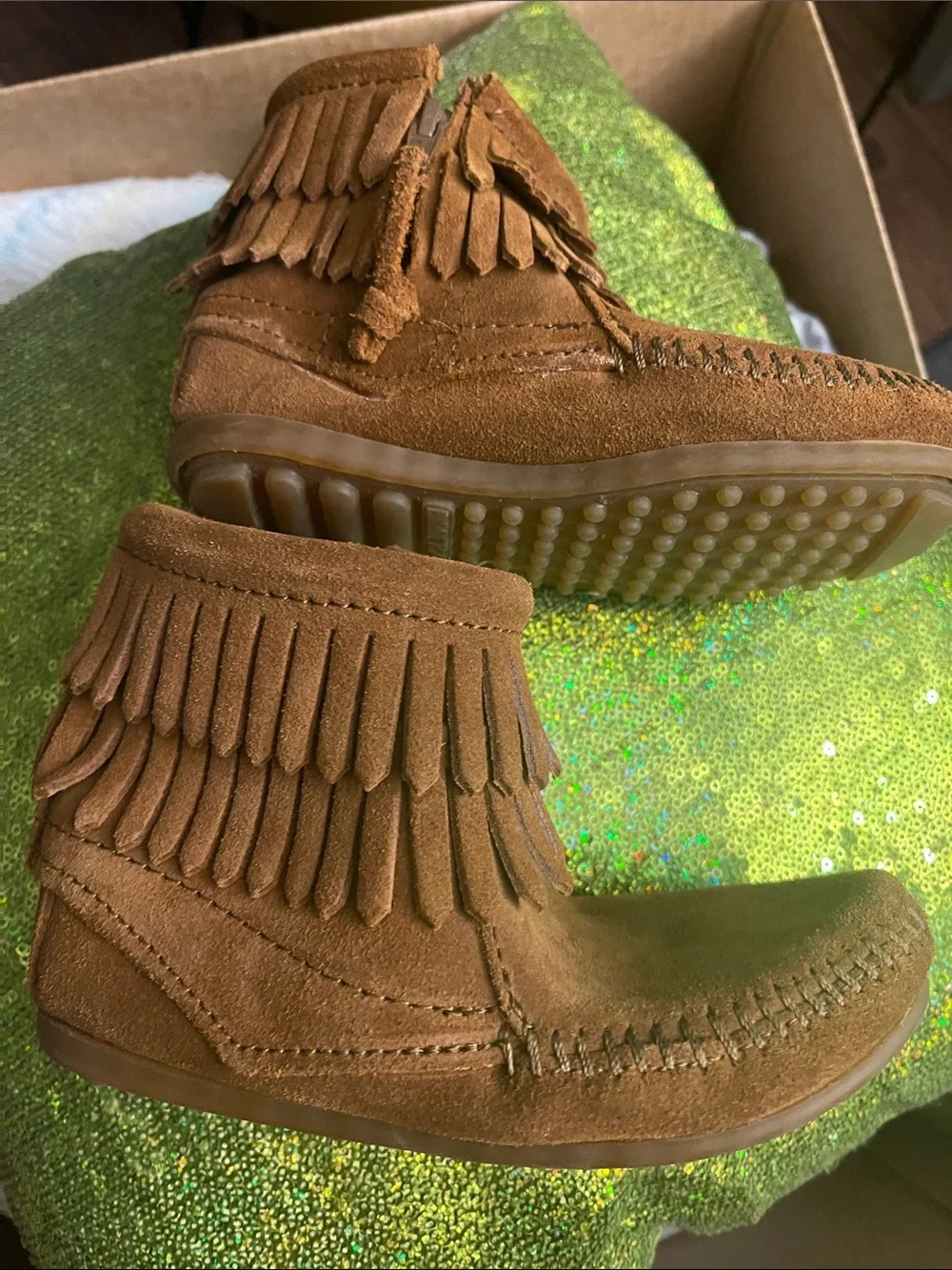 Minnetonka Kids Brown Suede Fringe Moccasins